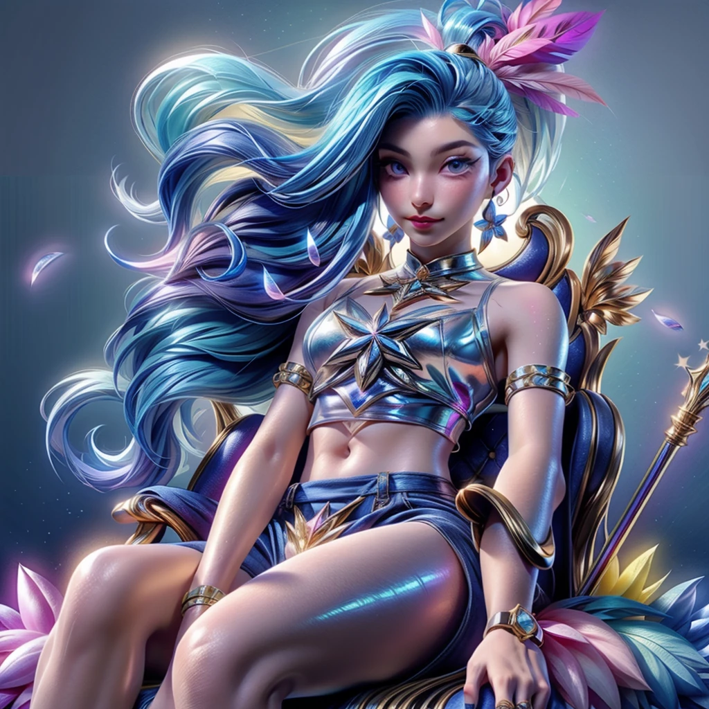 (Masterpiece), (best quality), (Very detailed),(messy hair),(illustration), (man), (fashion clothes), stand, fashion model, look at viewer, (interview), (พื้นหลังที่smoothง่าย),Beautifully detailed eyes, delicate beautiful face, floating,(high saturation),(colorful splashes),colorful bubbles,(shine), Focus on the face, ponytail, Kamisato Ayaka, light blue hair, smooth, hair ring, floating flowers, Floating feathers, (shine), best light, best shadow,sitting on the throne