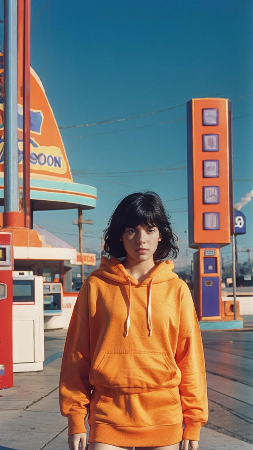 8K photo cinematic photograph long shot portraits by Wes Anderson, cute 23 yo girl ,fokus, bokeh ,wear ((orange color oversized_hoodie)), wear ((purple tennis skirt)),looking front,Best Quality,Masterpiece,Ultra High Resolution,(Realisticity:1.4),Original Photo, 1Girl, light leak,ultra high resolution,UHD,beautiful, (black bob hair), almond eye, no makeup, in front of ((80's colorful los angles gas station)), (realistic:1.2), ((masterpiece)),summer, blue sky, palm trees,sunny, los angles vibes,film camera, 800mm lens,style of Philip Lorca diCorcia
