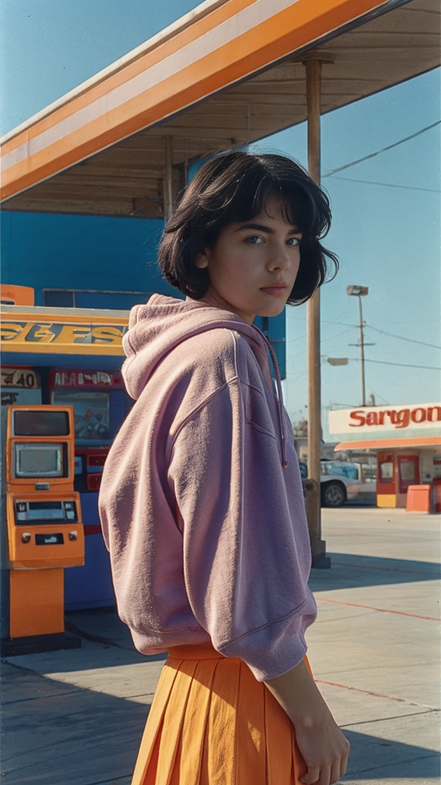 8K photo cinematic photograph long shot portraits by Wes Anderson, cute 23 yo girl ,fokus, bokeh ,wear ((orange color oversized_hoodie)), wear ((purple tennis skirt)),looking front,Best Quality,Masterpiece,Ultra High Resolution,(Realisticity:1.4),Original Photo, 1Girl, light leak,ultra high resolution,UHD,beautiful, (black bob hair), almond eye, no makeup, in front of ((80's colorful los angles gas station)), (realistic:1.2), ((masterpiece)),summer, blue sky, palm trees,sunny, los angles vibes,film camera, 800mm lens,style of Philip Lorca diCorcia