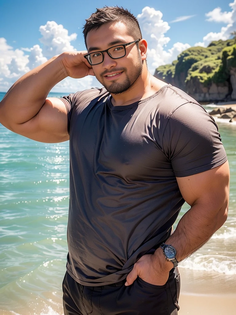 crew cut, (((full body))), (((landscape))), mature man, [slightly fat], asian man, rounded face, brown eyes, ((rounded face)), glasses, balding, 1boy, Solo, (big shoulders), (((stubbles, Short beard))), 1male,portrait,candymagic,vibrant,sugary aura,outdoors,sea,