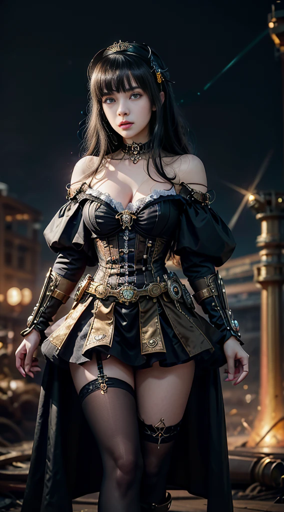 Magical girl. so beautiful３four years old,
(((masterpiece, Highest quality, RAW Photos, Realistic, Written boundary depth, Very detailed, Detailed face, Very accurate eyes))), Dynamic action poses, Activate magic, Mechanical Magic Weapon,  very slender length legs, Above-the-knee lace stockings, Steampunk Headgear, Fluttering lace flare mini skirt, Off-the-shoulder fashion that fuses steampunk and gothic lolita with attention to detail, Beautiful small breasts, (((Thick bangs))), (((Princess Cut))), Very thin body, length, Thin limbs, Clean length Black hair, length vertical curly hair, Wind-power generation, Futuristic complex steampunk factory background, infinite dark universe, Flying objects, Countless celestial neon lights pouring down from the sky, Movie lighting decoration.