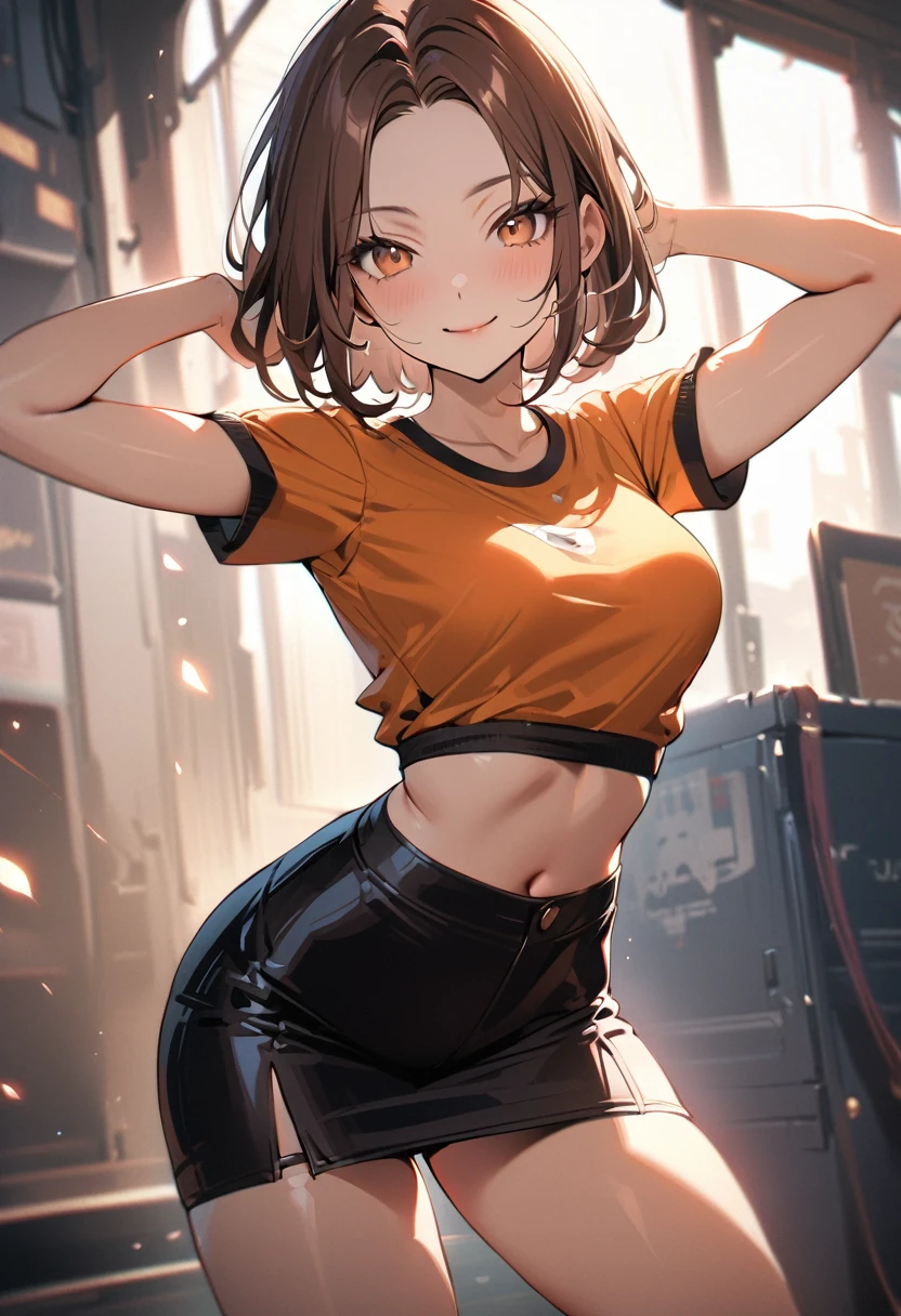 1 girl, bob, center part, forehead, brown hair, piercing, brown eyes, model posing, smile,
BREAK (masterpiece), (high resolution 8K), cinematic lighting, professional lighting, detailed eyes and face, detailed body, 
BREAK crop top tee, pencil skirt, cowboy shot