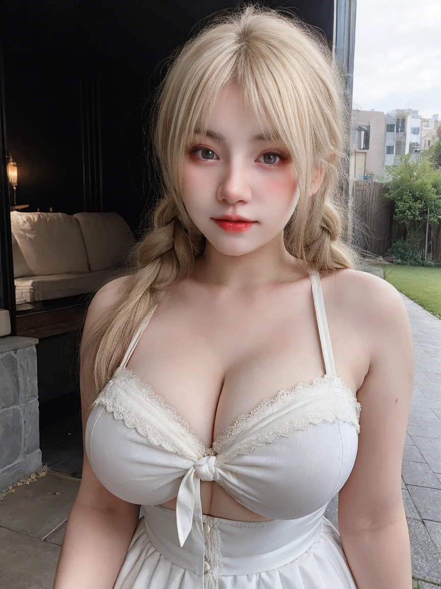 1 Girl, Beautiful, Baby Face, 20 Years Old, milky White Skin, Huge Chests,Colossal gigantic Breasts, chubby girl, Pose, Cleavage, Perfect Lolita Dress, White Eye, Muscles:1.3, Outdoor, Bokeh:1.1, Drill Hair, Tied Hair, ((White Gradient Blonde Hair))