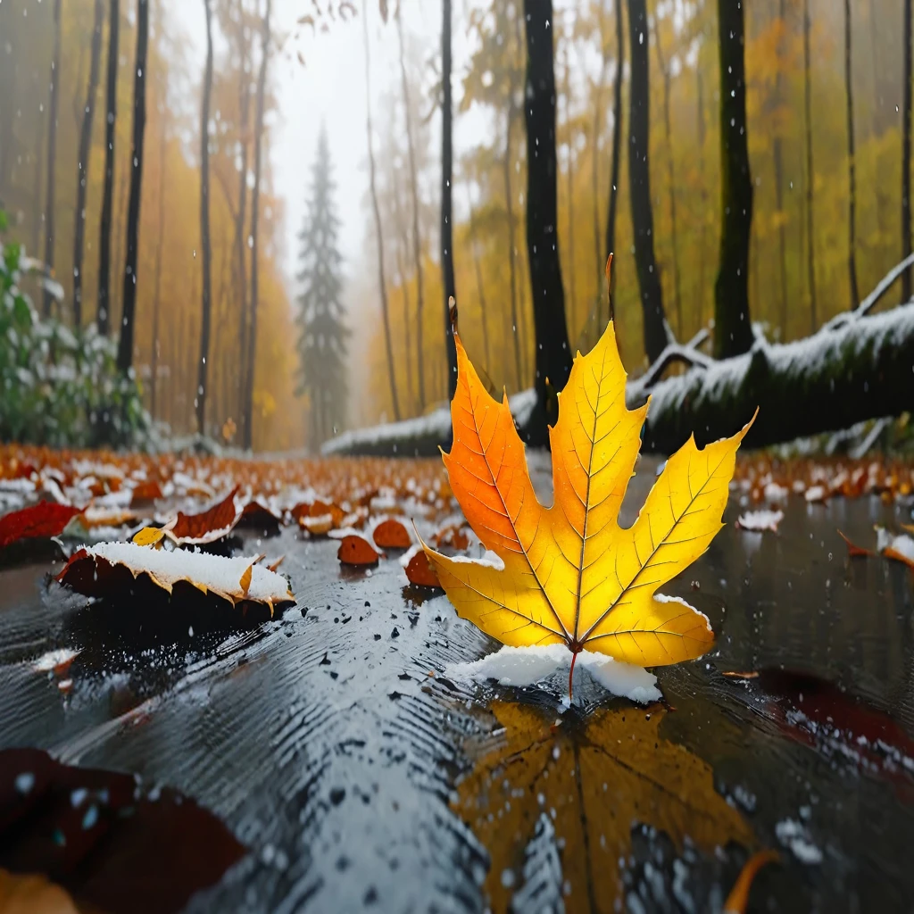 A thin layer of snow has accumulated、Beautiful gradation of red and blue、Realistic and detailed、the best、leaf
