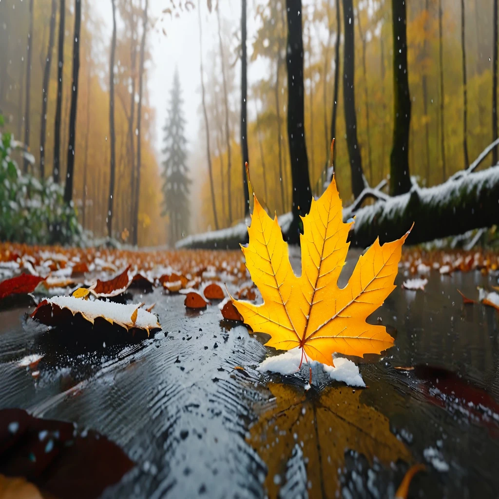 A thin layer of snow has accumulated、Beautiful gradation of red and blue、Realistic and detailed、the best、leaf