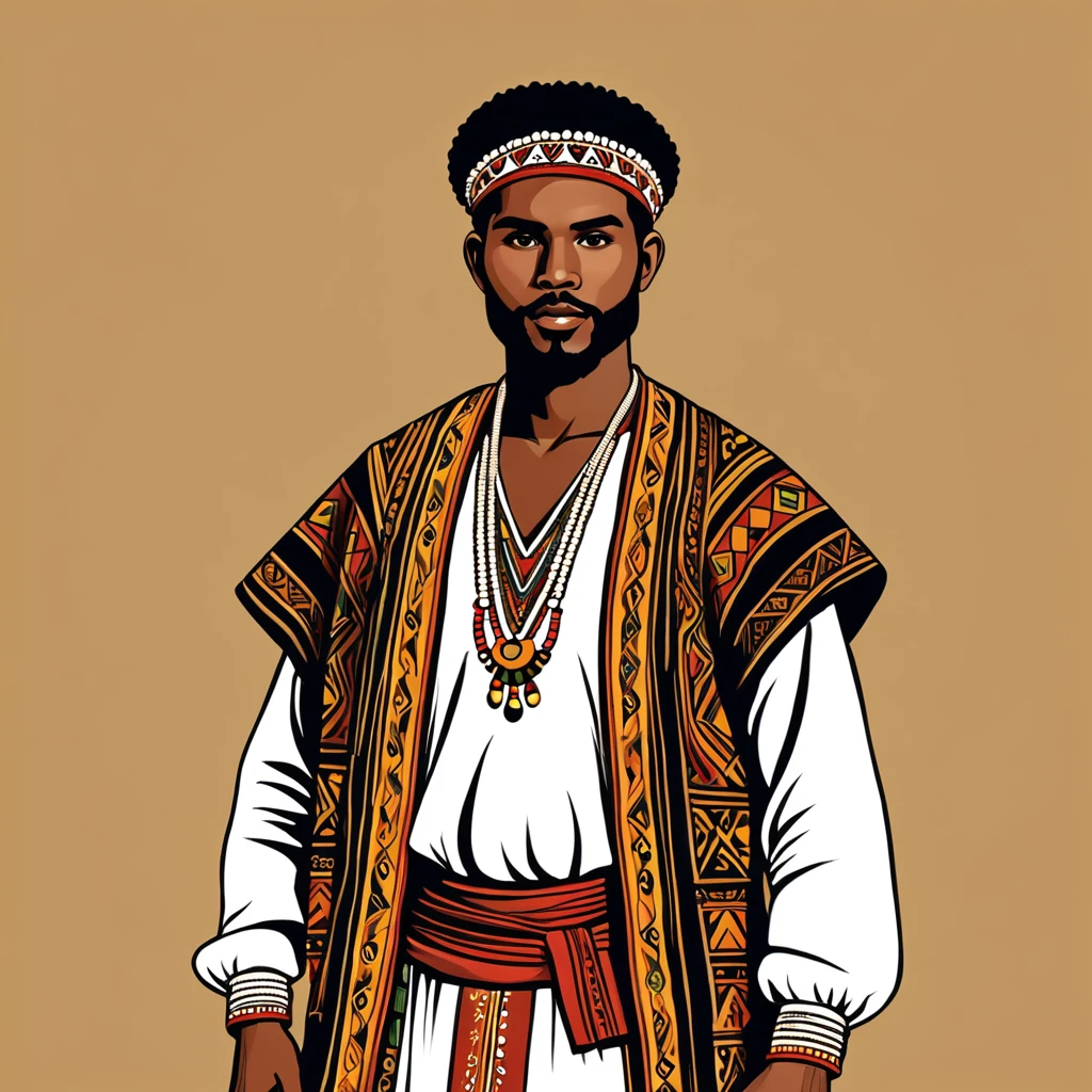 man in folk outfit from an unknown australian ethnic group, vector graphics, strong contours
