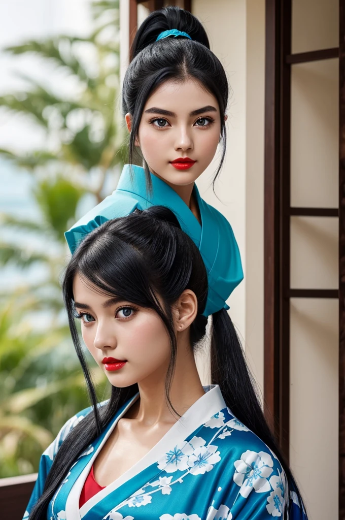 A 20 year old girl with relaxed face with long dark black hair combed in a ponytail, turquoise eyes, White skin, Red lips, dressed in a simple sapphire blue kimono, estilo kimetsu no yaiba 