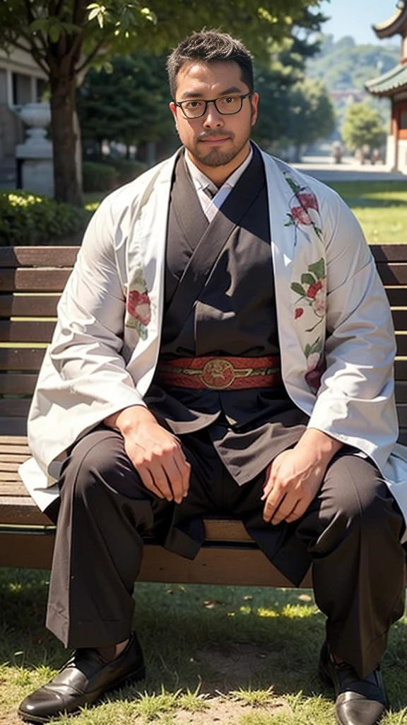 crew cut, (((full body))), (((landscape))), mature man, [slightly fat], asian man, rounded face, brown eyes, ((rounded face)), glasses, balding, 1boy, Solo, (big shoulders), (((stubbles, Short beard))), best quality，masterpiece，（painting：1.5），An ancient man from the Ming Dynasty of China，man wearing blue hanfu，fierce eyes，strangle to death violently，Staring at middle-aged men，ASİAN，general，sharp eyes eyes and，husband wearing blue clothes，wearing a hat，sit on bench, Inspired by Shin Saimdang, traditional clothing, traditional clothing, Hanbok, noble clothing, korean Hanbok, aristocratic appearance, Korean male, Wear period-appropriate clothing, classical robe, precise, Wearing noble robes, Wearing ancient Chinese clothing，Dark brown wide-sleeved Hanfu，firm eyes，fierce，Handsome man，young man，（a detailed painting：0.353），（Renaissance classical painting style：0.8）