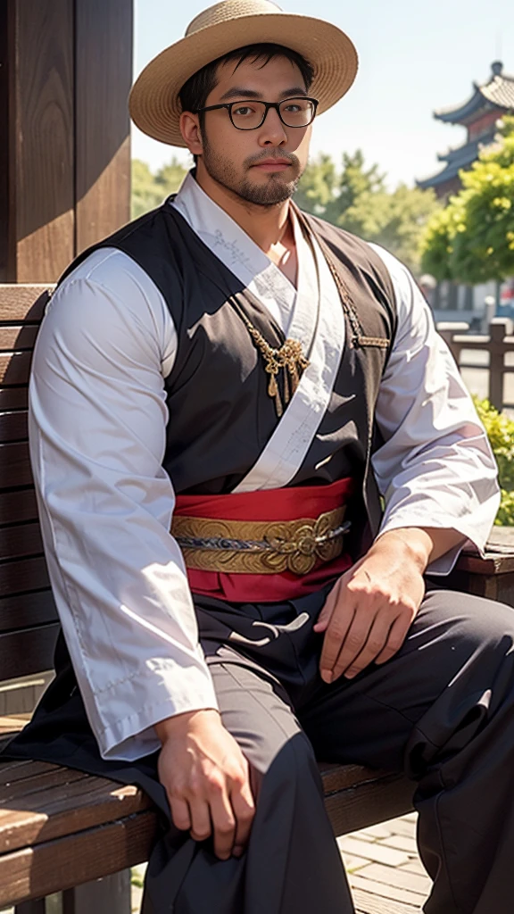 crew cut, (((full body))), (((landscape))), mature man, [slightly fat], asian man, rounded face, brown eyes, ((rounded face)), glasses, balding, 1boy, Solo, (big shoulders), (((stubbles, Short beard))), best quality，masterpiece，（painting：1.5），An ancient man from the Ming Dynasty of China，man wearing blue hanfu，fierce eyes，strangle to death violently，Staring at middle-aged men，ASİAN，general，sharp eyes eyes and，husband wearing blue clothes，wearing a hat，sit on bench, Inspired by Shin Saimdang, traditional clothing, traditional clothing, Hanbok, noble clothing, korean Hanbok, aristocratic appearance, Korean male, Wear period-appropriate clothing, classical robe, precise, Wearing noble robes, Wearing ancient Chinese clothing，Dark brown wide-sleeved Hanfu，firm eyes，fierce，Handsome man，young man，（a detailed painting：0.353），（Renaissance classical painting style：0.8）
