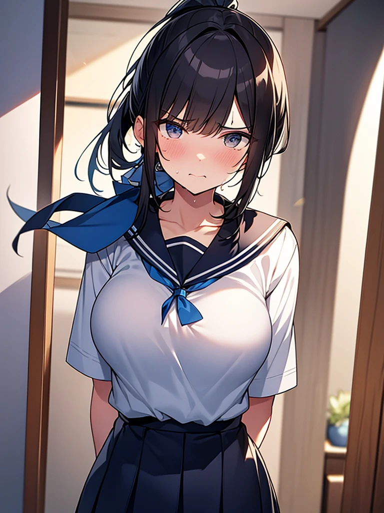 Ponytail White sailor uniform short sleeves:1.9 Dark blue collar Dark blue scarf Dark blue uniform pleated skirt Anime drawings with vivid colors Tall women:1.9 Standing pose, sweat, breasts, buttocks, troubled face, glaring, wrinkled brows, flushed cheeks, night:1.3 Apartment bedroom, white sheets, short black hair, straight hair, bangs swept to the side:1.9. Slanted eyes, brown eyes, tall, big breasts, strong-willed, beautiful