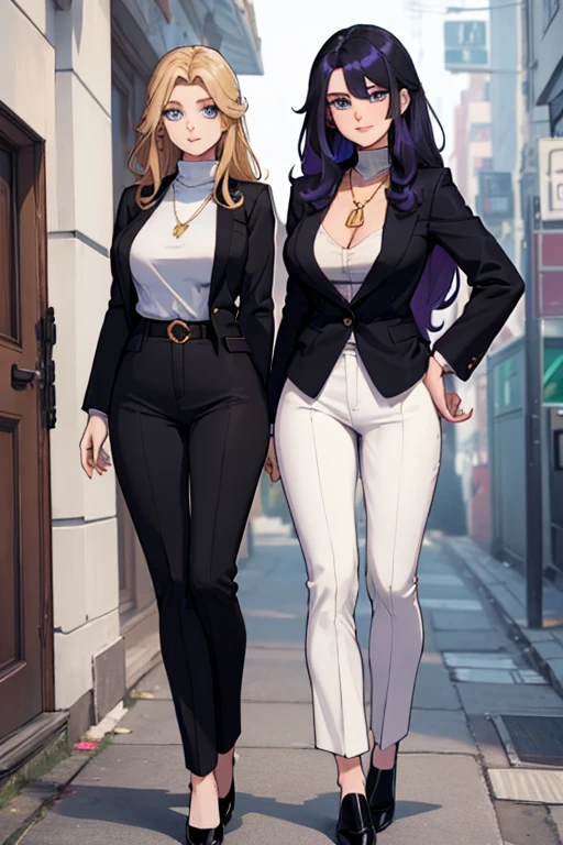 female, pale purple long hair, blue eyes, (((1girl))), (((black blazer))), (white turtleneck shirt), (tan pants), (black heels), (necklace with gold pendant), cute and sexy, full body, big breasts, long legs, smiling