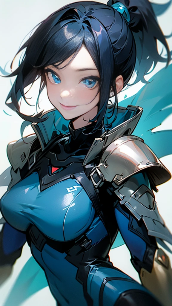 One girl、alone、Sparkling Blue Eyes、Black Hair、ponytail、armor、Blue bodysuit、Upper body close-up、Wicked Smile