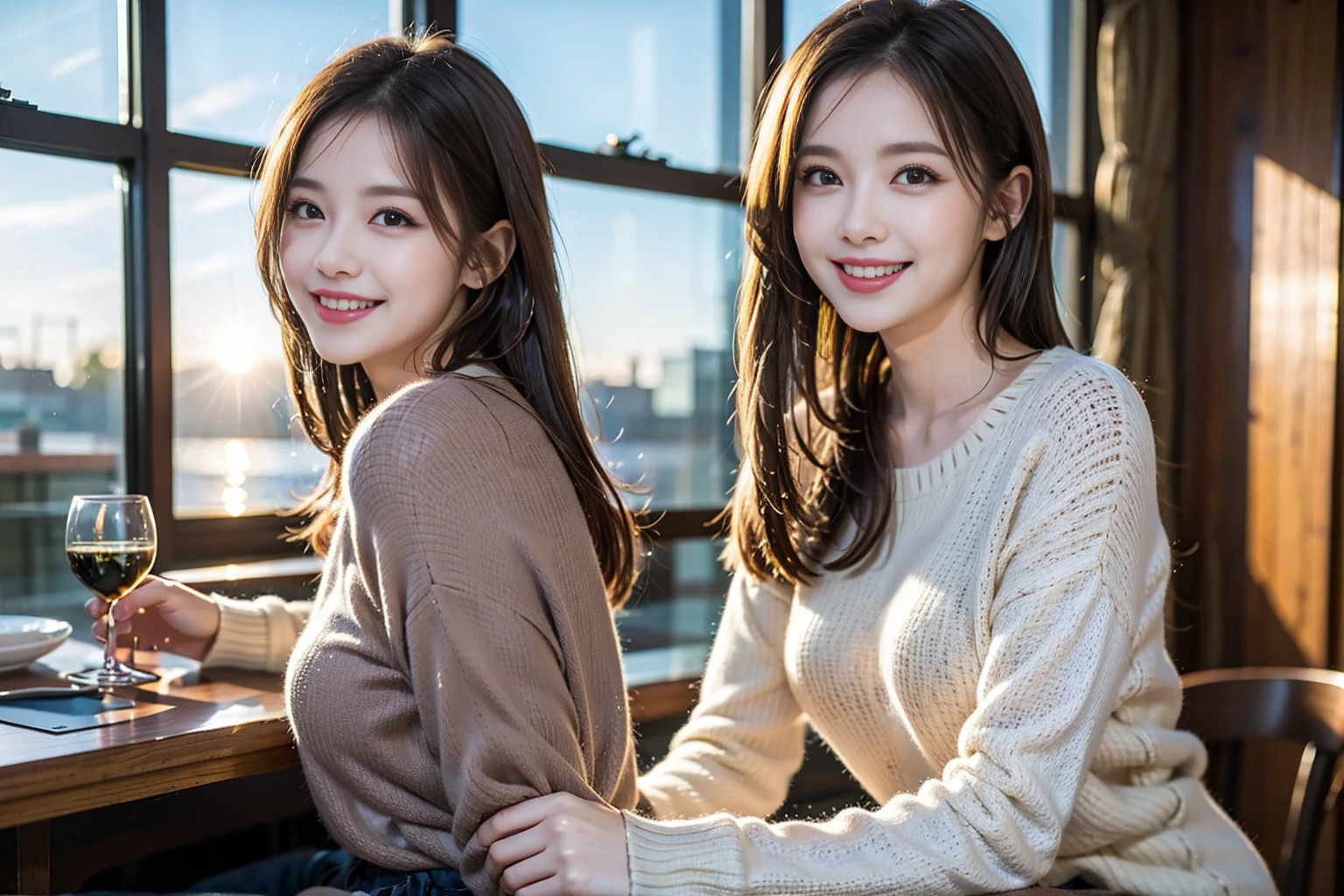 ((Highest quality、8k、masterpiece:1.3))、Shortcuts、cute、slimカップル、modelカップル、actress男優、(Realistic, Intricate details:1.2), full-course dinner、Wine Party、Amazing view of the sunset sky and clouds、A bright smile、short hair,Bright Face、45 years old), 42 years old, red wine 、Appetizers、Italian food、Wine bottle、Champagne、sparkling wine、Two beauties、Brown Hair、Shortcuts、Long sleeve shirt、dress、Beautiful woman 1, (slimな顔), (The body is slim), (Brown Hair), (Shortcuts), cheeks turn a little red,Attractive beauty、restaurant, In a prominent place (From the waist up) Nova Frog Style, actress, model, Upper Body, White wine, slim, wine glass, 中央に置かれたwine glass, smile, (smile: 1.15), Beautiful fine grain, Depth f/2,saturation, High Contrast, Strong light and shadow,Moist Body:1.5、3D texture、Delicate eyes、Brown Hair、The hair is very shiny、