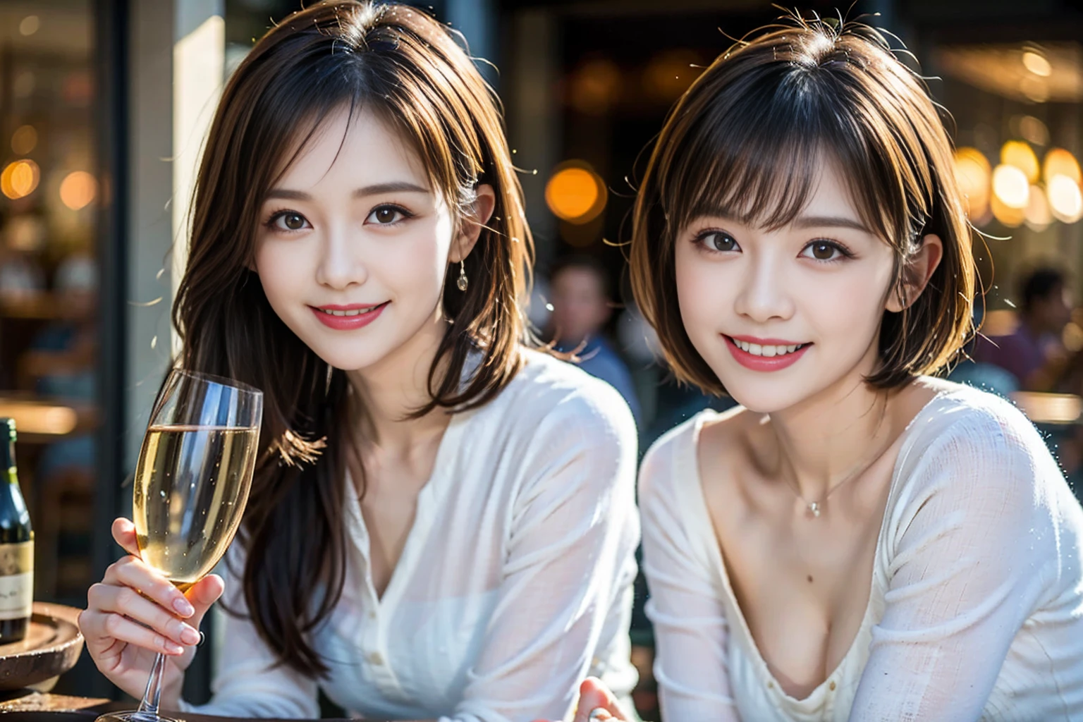 ((Highest quality、8k、masterpiece:1.3))、Shortcuts、cute、slimカップル、modelカップル、actress男優、(Realistic, Intricate details:1.2), full-course dinner、Wine Party、Amazing view of the sunset sky and clouds、A bright smile、short hair,Bright Face、45 years old), 42 years old, red wine 、Appetizers、Italian food、Wine bottle、Champagne、sparkling wine、Two beauties、Brown Hair、Shortcuts、Long sleeve shirt、dress、Beautiful woman 1, (slimな顔), (The body is slim), (Brown Hair), (Shortcuts), cheeks turn a little red,Attractive beauty、restaurant, In a prominent place (From the waist up) Nova Frog Style, actress, model, Upper Body, White wine, slim, wine glass, 中央に置かれたwine glass, smile, (smile: 1.15), Beautiful fine grain, Depth f/2,saturation, High Contrast, Strong light and shadow,Moist Body:1.5、3D texture、Delicate eyes、Brown Hair、The hair is very shiny、