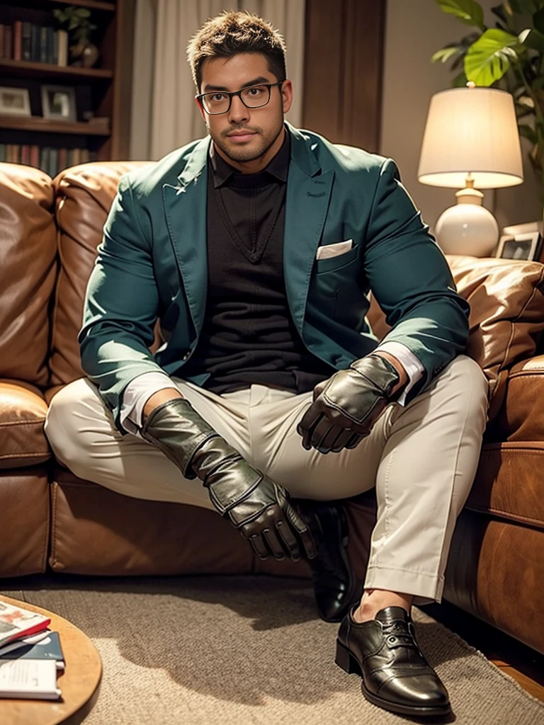 crew cut, (((full body))), (((landscape))), mature man, [slightly fat], asian man, rounded face, brown eyes, ((rounded face)), glasses, balding, 1boy, Solo, (big shoulders), (((stubbles, Short beard))),  solo, looking at viewer, short hair, blue eyes, blonde hair, shirt, gloves, 1boy, sitting, jacket, white shirt, male focus, black gloves, pants, indoors, spread legs, open jacket, muscular, formal, abs, cat, suit, pectorals, couch, green jacket, unbuttoned, green pants, 