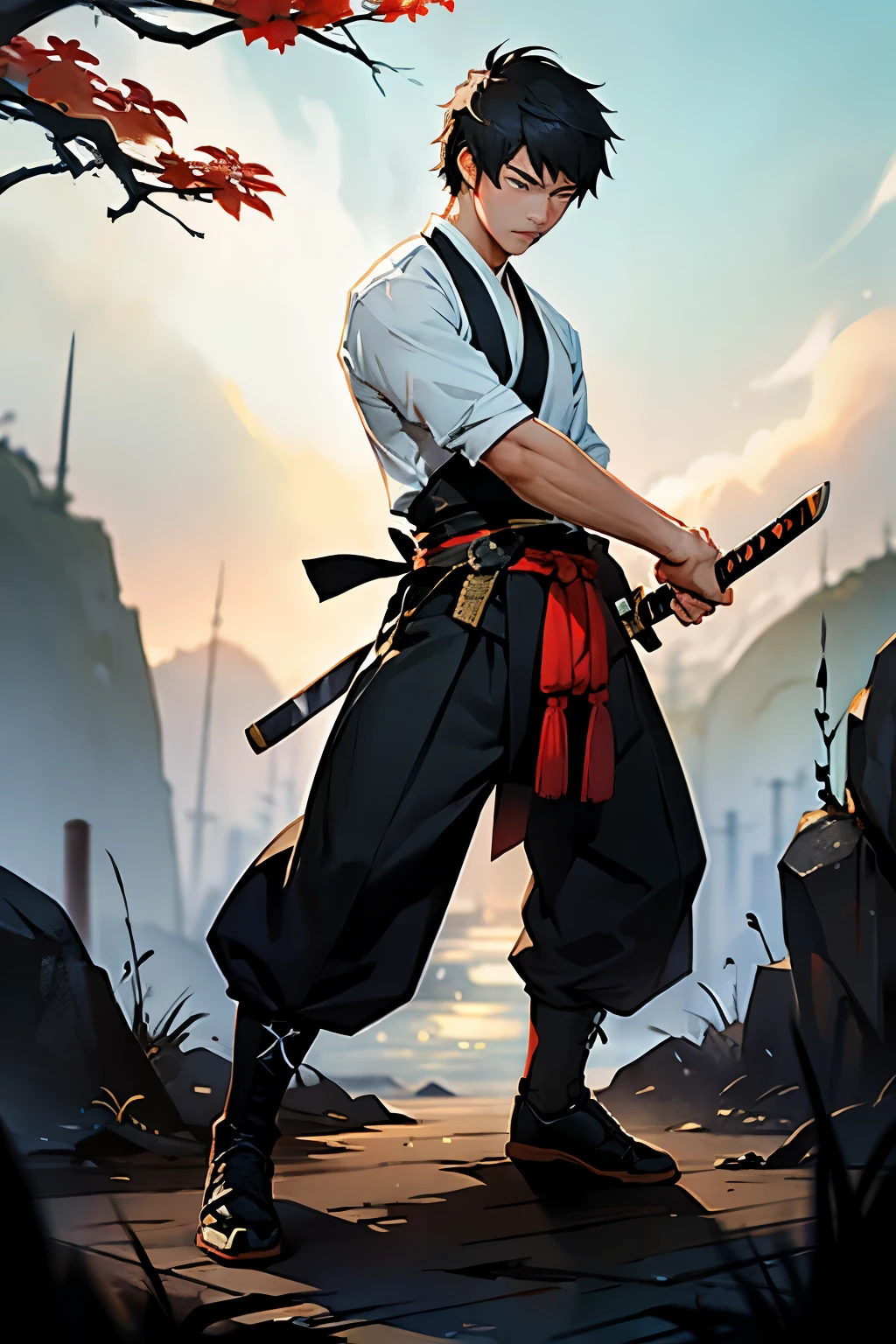 full body anime style, 16 year old Chinese young man with short hair, He is unsheathing a katana in a fighting pose. Perfect Anatomia