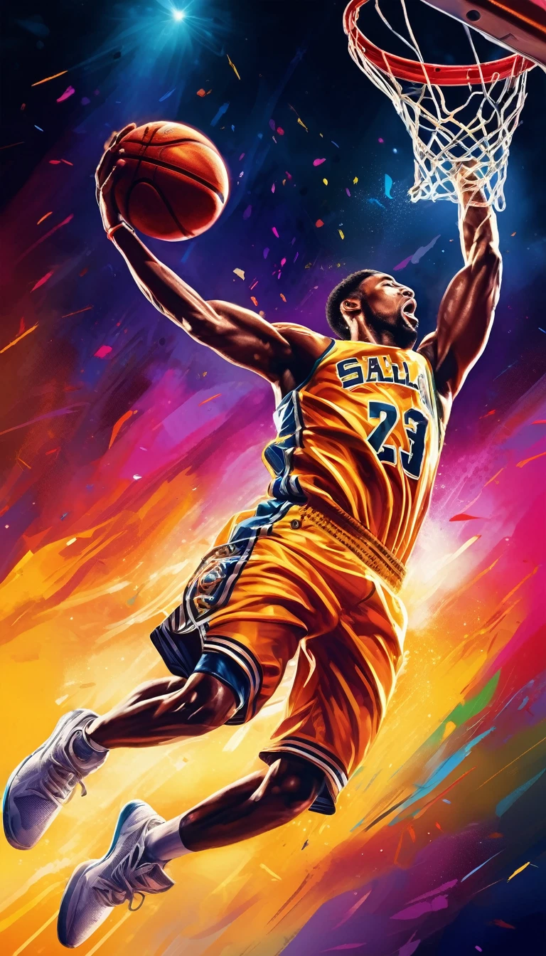 a highly detailed digital painting of a basketball player mid jump performing a game-winning dunk, dramatic low angle action shot capturing the intensity of the moment, dynamic side view showing the player's full body in mid-air with a salto, vibrant colors, cinematic lighting, photorealistic, hyper-detailed, masterpiece