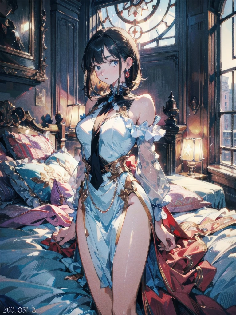 absurdres, RAW photo, extremely delicate and beautiful, masterpiece, Best Quality, ultra high resolution, 32k, hyperrealistic, ultra-detailed, perfect anatomy, super Detailed skin, perfect figure, Super Beauty, Perfect Style, Perfect balance, in her 20s, very small head, very small face, delicate facial features, tearful mole, earring, huge round breasts, medium hair, full body shot, bare one shoulder, collared shirt, bed, indoor,