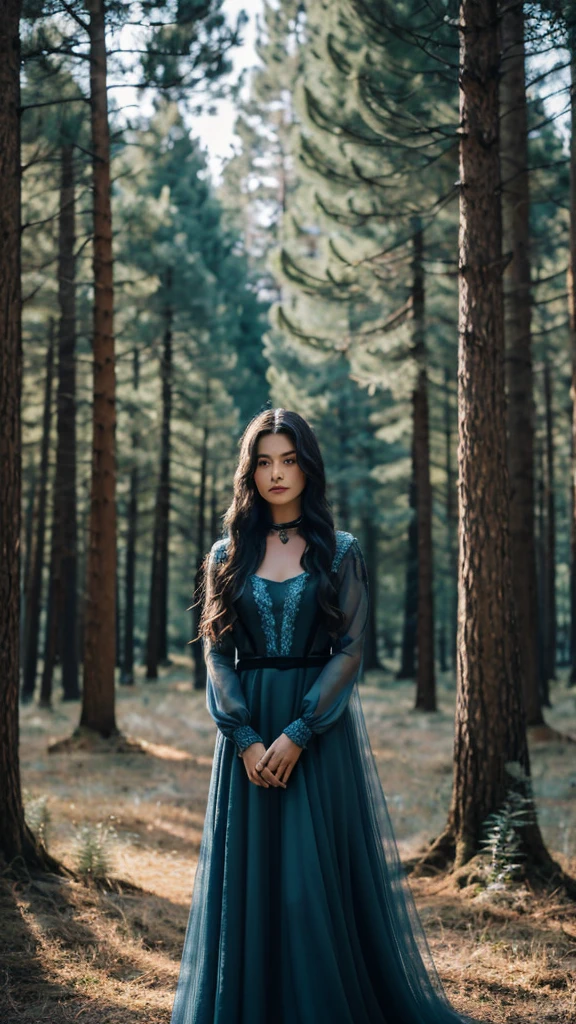 Pine forest with long fir trees, night, darkness, woman with medium-length russet hair, wearing a blue long satin dress with long sleeves, woman holding a black horse with a thick black mane by the bridle, devil's horse, witch, mysticism, mystery, good quality, magnetism, in realism style