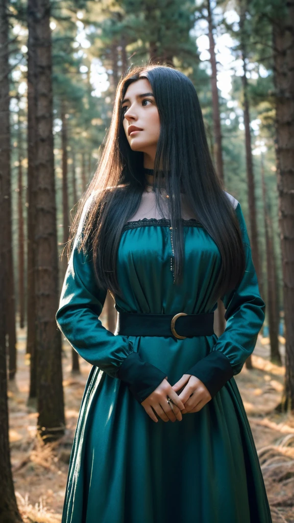 Pine forest with long fir trees, night, darkness, woman with medium-length russet hair, wearing a blue long satin dress with long sleeves, woman holding a black horse with a thick black mane by the bridle, devil's horse, witch, mysticism, mystery, good quality, magnetism, in realism style