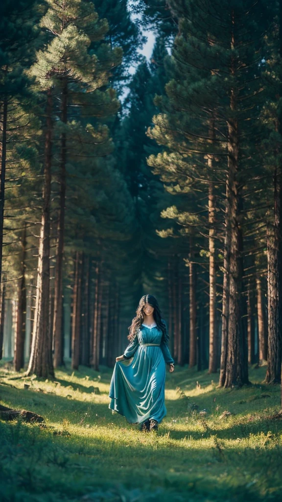 Pine forest with long fir trees, night, darkness, woman with medium-length russet hair, wearing a blue long satin dress with long sleeves, woman holding a black horse with a thick black mane by the bridle, devil's horse, witch, mysticism, mystery, good quality, magnetism, in realism style