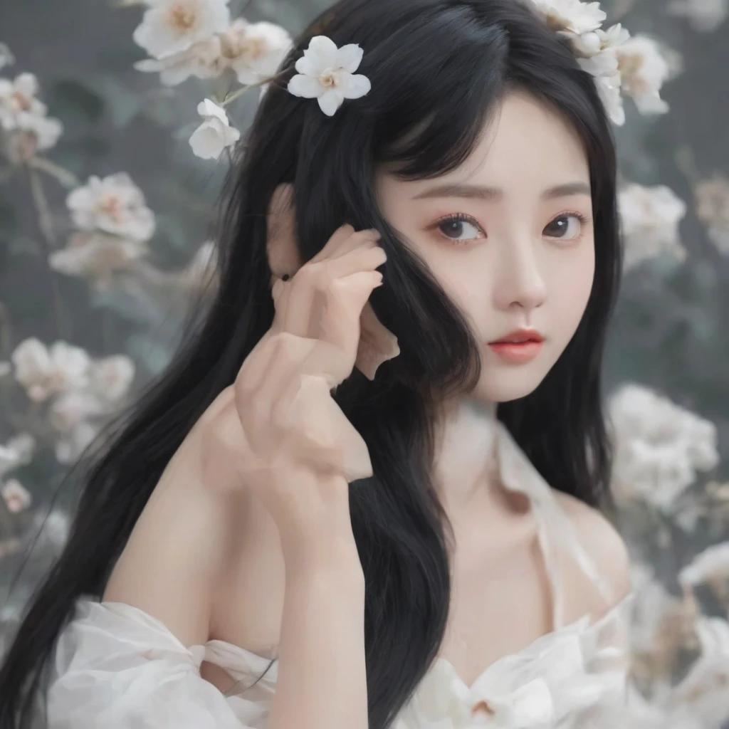 advertising photo,HD,high resolution,highly saturated,pure black background,chinese girl,black hair color hair,big eyes,soft skin,wearing a white dress,