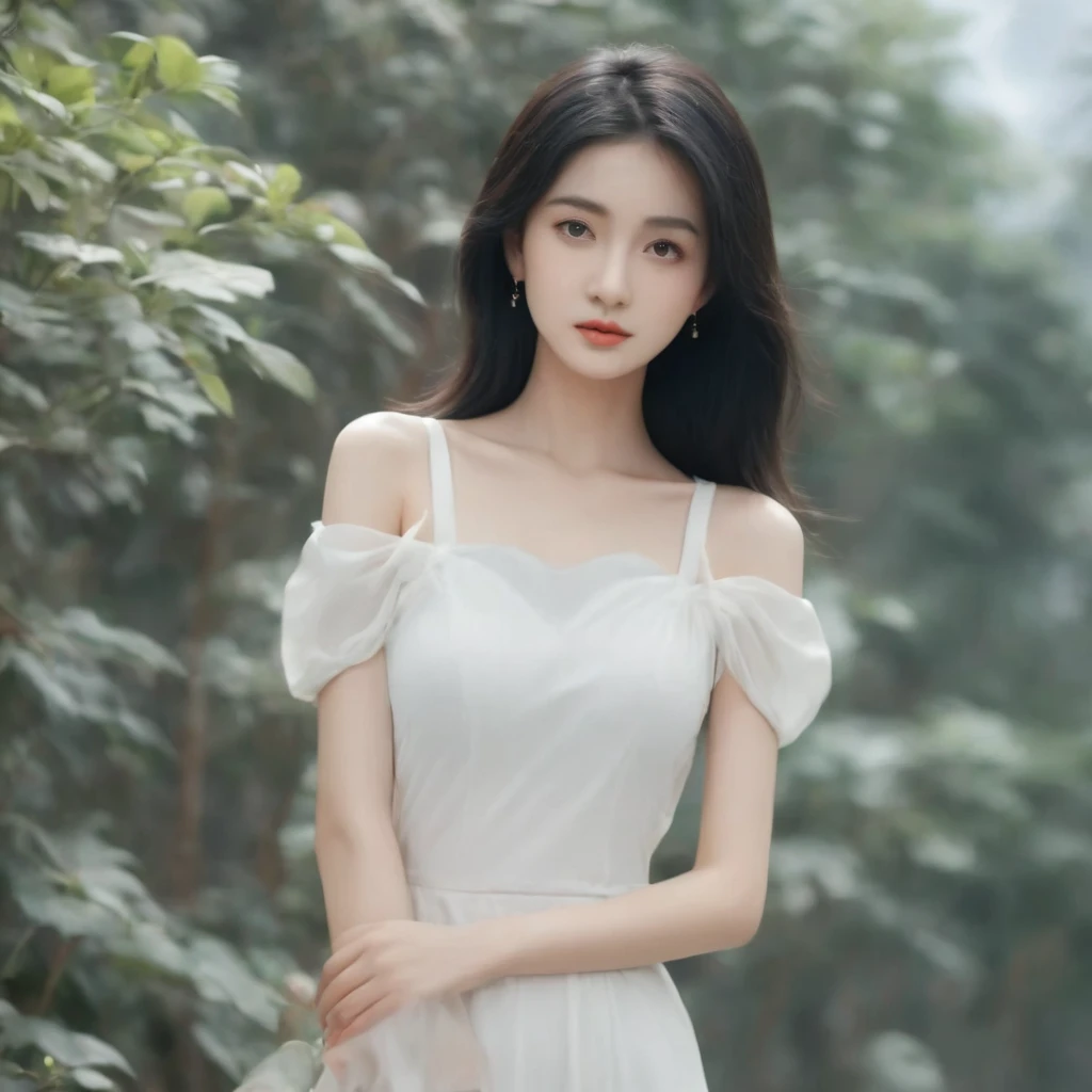 advertising photo，HD，high resolution，highly saturated，pure black background，chinese girl，black hair color hair，big eyes，soft skin，wearing a white dress,