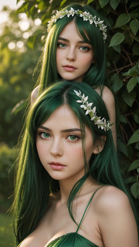 a girl. the face sends feeling. Europe. Oval face. long face. delicate facial features. sad eyes. seductively seductive. green eyes. long straight hair. green hair. wreath on head. sad expression. big breasts. Sexy green silk nightgown. straight face. shy. outdoor