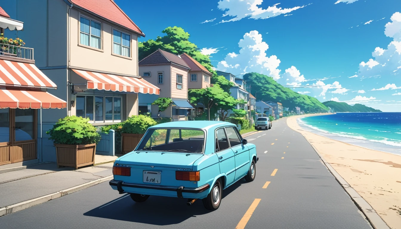 Anime Scenery of a car driving down a street with a building and a beach in the background, Anime Background art, summer street near a beach, beautiful Anime Scenery, Anime Scenery, Anime Background, Anime Style 4k, 4K Manga Wallpapers, Anime scenery wallpaper, Lo-fi art style, Beautiful anime scene, Anime scenery, anime art wallpaper 4k