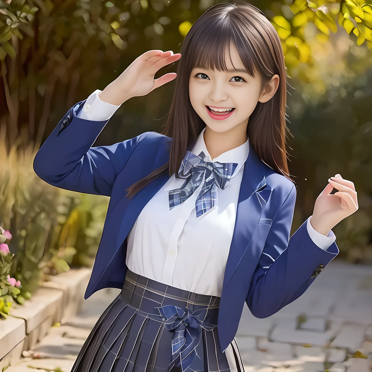 (Highest quality, masterpiece:1.2), Highest quality, High resolution, 1080P, 8k, height: 165cm, ((A noble and intelligent succubus who looks like a best proportion Japanese young lady is giggling while magically hypnotizing the viewer)), ((So sweet, very noble, cute and pretty Japanese beautiful cute girl)), ((A real, very girly, sweet, cute and noble girl)), ((((A smiling beautiful Japanese cute fashion model)))), ((((Very pure white face and limbs)))), Glossy Lips, (Evenly cut bangs), ((Very beautiful, smiling, droopy, cute, pure, noble brown eyes)), ((Super long, straight black hair that reaches the floor)), Very shiny, Glossy Lips, Open hand over open mouth, Beautiful straight hair like a hair model, Watch and laugh at your audience, ((Incredibly well organized, Rich facial expressions. Plump and beautiful white skin and face)), ((Pure, clear, gentle smiling brown eyes)), ((Smile at me)), Glossy Lips, ((noble and elegant)), ((As the succubus charms you with her magic and giggles)), ((((Succubus is fascinating, calling to the depths of eternity)))), Very beautiful blue skirt, ((Large upward-curving lips)), ((Look directly at the viewer)), White Hand, (((Navy Japanese school blazer with noble emblem))), ((Navy and sapphire blue Japanese school uniform)), ((Tartan check pattern pleated long skirt)), ((Blue string ribbon tie)), ((((An ecstatic expression of boundless joy)))), ((fantastical white garden background)), tongue, Shampoo promotional image