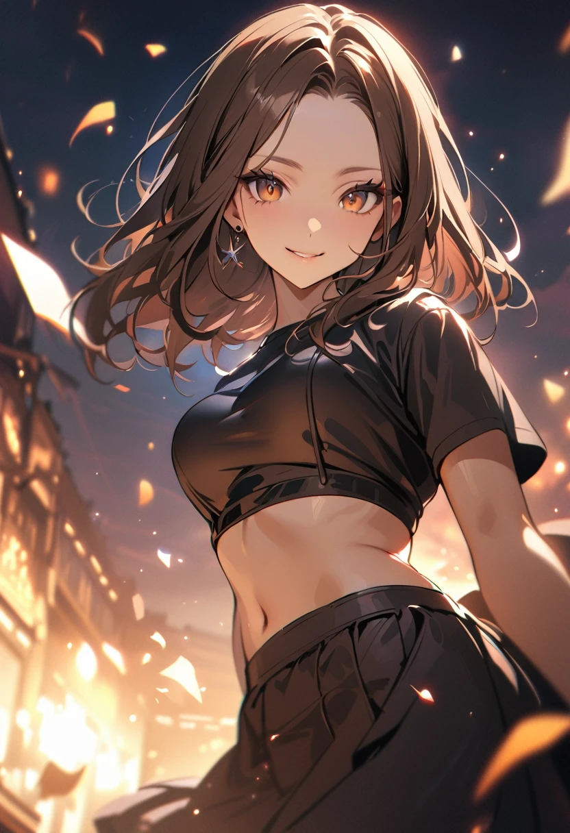1 girl, bob, center part, forehead, brown hair, piercing, brown eyes, model posing, smile,
BREAK (masterpiece), (high resolution 8K), cinematic lighting, professional lighting, detailed eyes and face, detailed body,
BREAK crop top tee, navel, maxi skirt