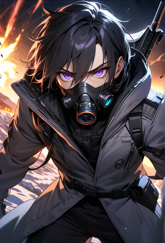 absurdres, highres, ultra detailed, HDR, master piece, best quality, extremely detailed face and eyes, black hair with short  bangs, handsome,hair between the eyes, expressive purple eyes, solo, sexy man, handsome, 25
years old,gray coat, black pants, moon, Cyber Punk,gas mask,background snow mountain,Man shooting automatic rifle, (muzzle explodes:1.2), (looks into sight), finely drawn automatic rifle, (turn towards the viewer), syncs body orientation and gaze, dynamic angle, serious expression, battle