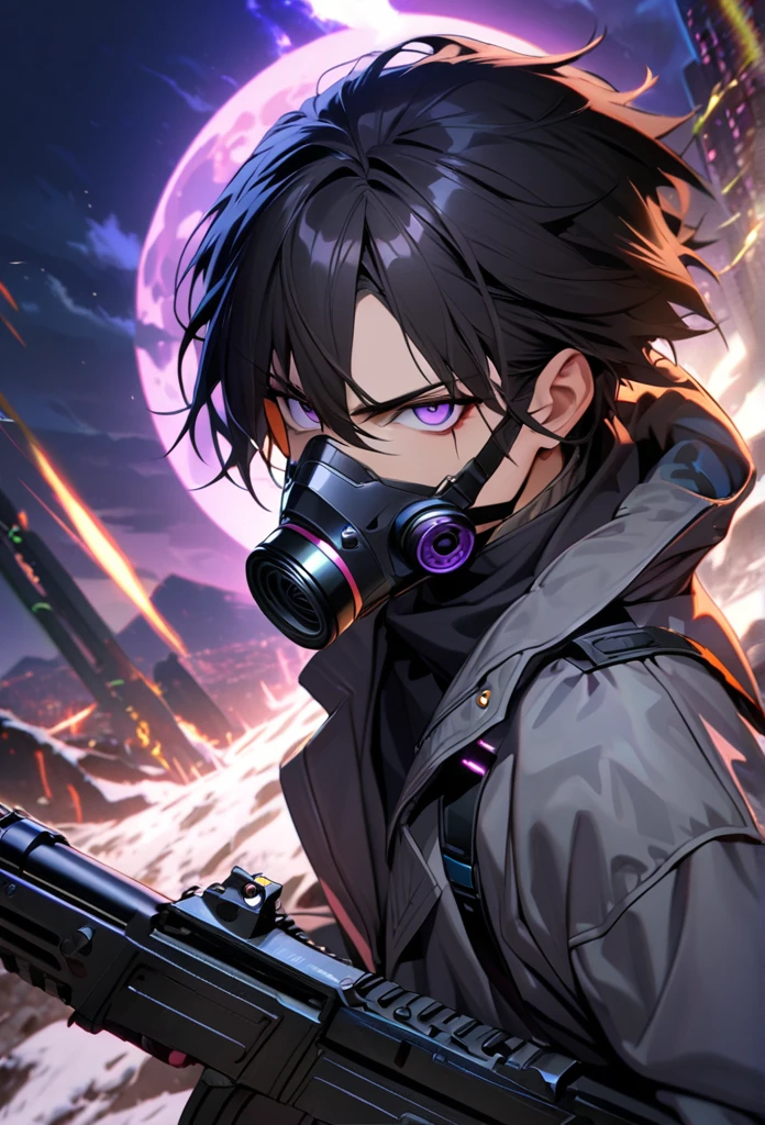 absurdres, highres, ultra detailed, HDR, master piece, best quality, extremely detailed face and eyes, black hair with short  bangs, handsome,hair between the eyes, expressive purple eyes, solo, sexy man, handsome, 25
years old,gray coat, black pants, moon, Cyber Punk,gas mask,background snow mountain,Man shooting automatic rifle, (muzzle explodes:1.2), (looks into sight), finely drawn automatic rifle, (turn towards the viewer), syncs body orientation and gaze, dynamic angle, serious expression, battle