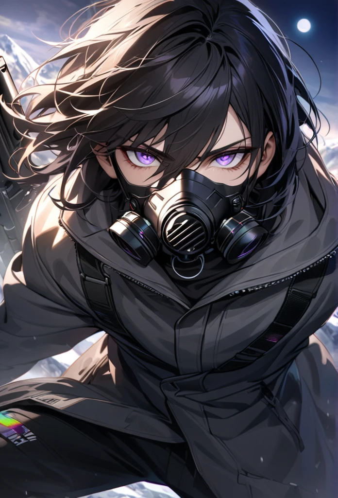 absurdres, highres, ultra detailed, HDR, master piece, best quality, extremely detailed face and eyes, black hair with short  bangs, handsome,hair between the eyes, expressive purple eyes, solo, sexy man, handsome, 25
years old,gray coat, black pants, moon, Cyber Punk,gas mask,background snow mountain,Man shooting automatic rifle, (muzzle explodes:1.2), (looks into sight), finely drawn automatic rifle, (turn towards the viewer), syncs body orientation and gaze, dynamic angle, serious expression, battle