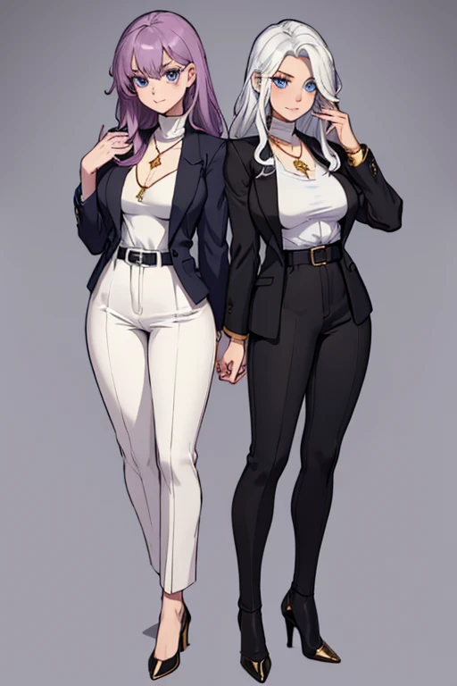 female, pale purple long hair, blue eyes, (((1girl))), (((black blazer))), (white turtleneck shirt), (tan pants), (black heels), (necklace with gold pendant), cute and sexy, full body, big breasts, long legs, smiling