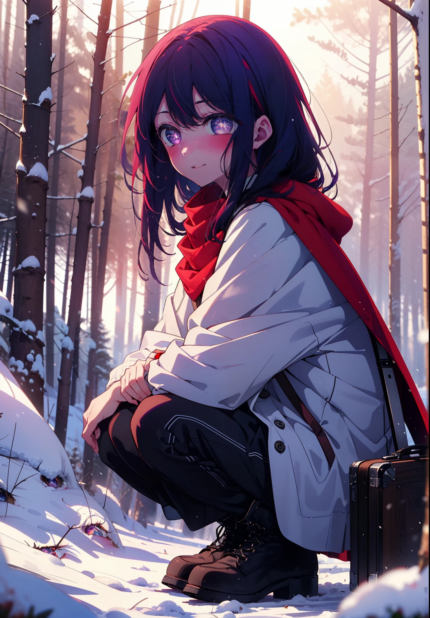 aihoshino, Ai Hoshino, Long Hair, bangs, (Purple eyes:1.1), Purple Hair, (Symbol-shaped pupil:1.5), smile,,smile,blush,white breath,
Open your mouth,snow,Ground bonfire, Outdoor, boots, snowing, From the side, wood, suitcase, Cape, Blurred, , forest, White handbag, nature, Squat, Mouth closed, Cape, winter, Written boundary depth, Black shoes, red Cape break looking at viewer, Upper Body, whole body, break Outdoor, forest, nature, break (masterpiece:1.2), Highest quality, High resolution, unity 8k wallpaper, (shape:0.8), (Beautiful and beautiful eyes:1.6), Highly detailed face, Perfect lighting, Highly detailed CG, (Perfect hands, Perfect Anatomy),