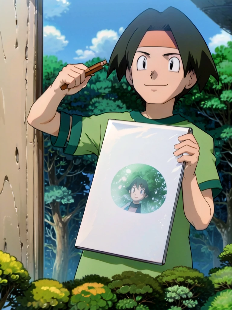 Tracey, solo, smile, shirt, 1boy, closed mouth, upper body, male focus, outdoors, sky, cloud, black eyes, green shirt, anime coloring
