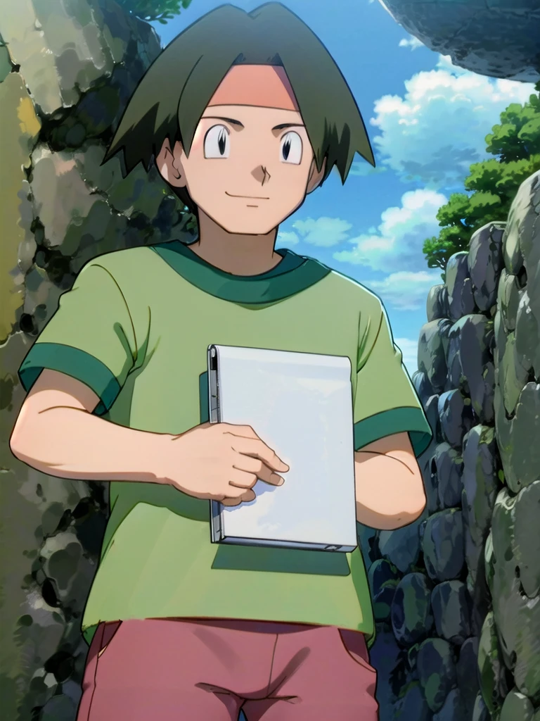 Tracey, solo, smile, shirt, 1boy, closed mouth, upper body, male focus, outdoors, sky, cloud, black eyes, green shirt, anime coloring