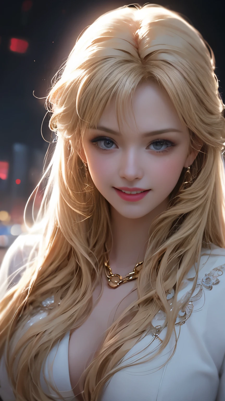 (Highest quality, Very detailed, Ultra-high resolution, 8k images), White Tone, Sexy Girls, Golden Curly Hair , Big , A sloppy smile