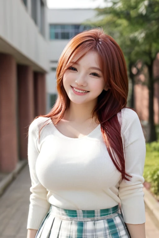 (high quality:1.1),pretty,1 high school student girl,red hair color,middle long hair style,smile,(large breasts:1.4),