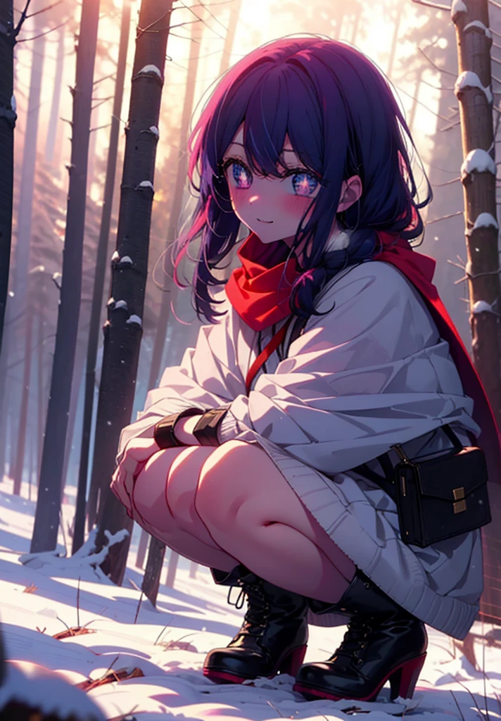 aihoshino, Ai Hoshino, Long Hair, bangs, (Purple eyes:1.1), Purple Hair, (Symbol-shaped pupil:1.5), smile,,smile,blush,white breath,
Open your mouth,snow,Ground bonfire, Outdoor, boots, snowing, From the side, wood, suitcase, Cape, Blurred, , forest, White handbag, nature, Squat, Mouth closed, Cape, winter, Written boundary depth, Black shoes, red Cape break looking at viewer, Upper Body, whole body, break Outdoor, forest, nature, break (masterpiece:1.2), Highest quality, High resolution, unity 8k wallpaper, (shape:0.8), (Beautiful and beautiful eyes:1.6), Highly detailed face, Perfect lighting, Highly detailed CG, (Perfect hands, Perfect Anatomy),