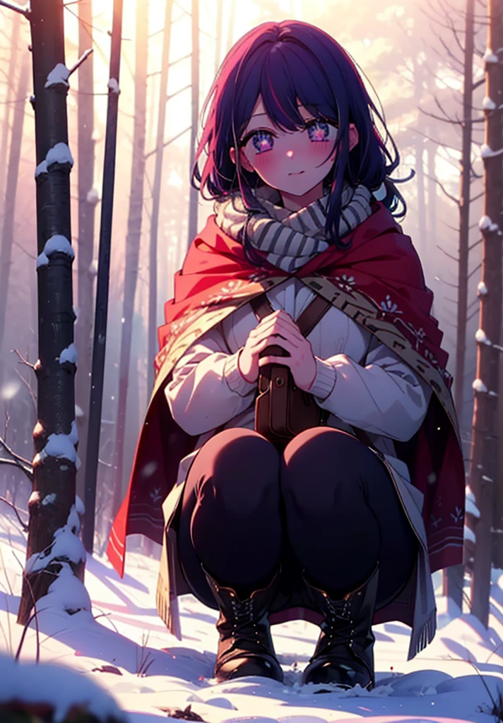 aihoshino, Ai Hoshino, Long Hair, bangs, (Purple eyes:1.1), Purple Hair, (Symbol-shaped pupil:1.5), smile,,smile,blush,white breath,
Open your mouth,snow,Ground bonfire, Outdoor, boots, snowing, From the side, wood, suitcase, Cape, Blurred, , forest, White handbag, nature,  Squat, Mouth closed, Cape, winter, Written boundary depth, Black shoes, red Cape break looking at viewer, Upper Body, whole body, break Outdoor, forest, nature, break (masterpiece:1.2), Highest quality, High resolution, unity 8k wallpaper, (shape:0.8), (Beautiful and beautiful eyes:1.6), Highly detailed face, Perfect lighting, Highly detailed CG, (Perfect hands, Perfect Anatomy),