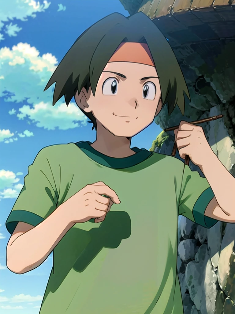 Tracey, solo, smile, shirt, 1boy, closed mouth, upper body, male focus, outdoors, sky, cloud, black eyes, green shirt, anime coloring