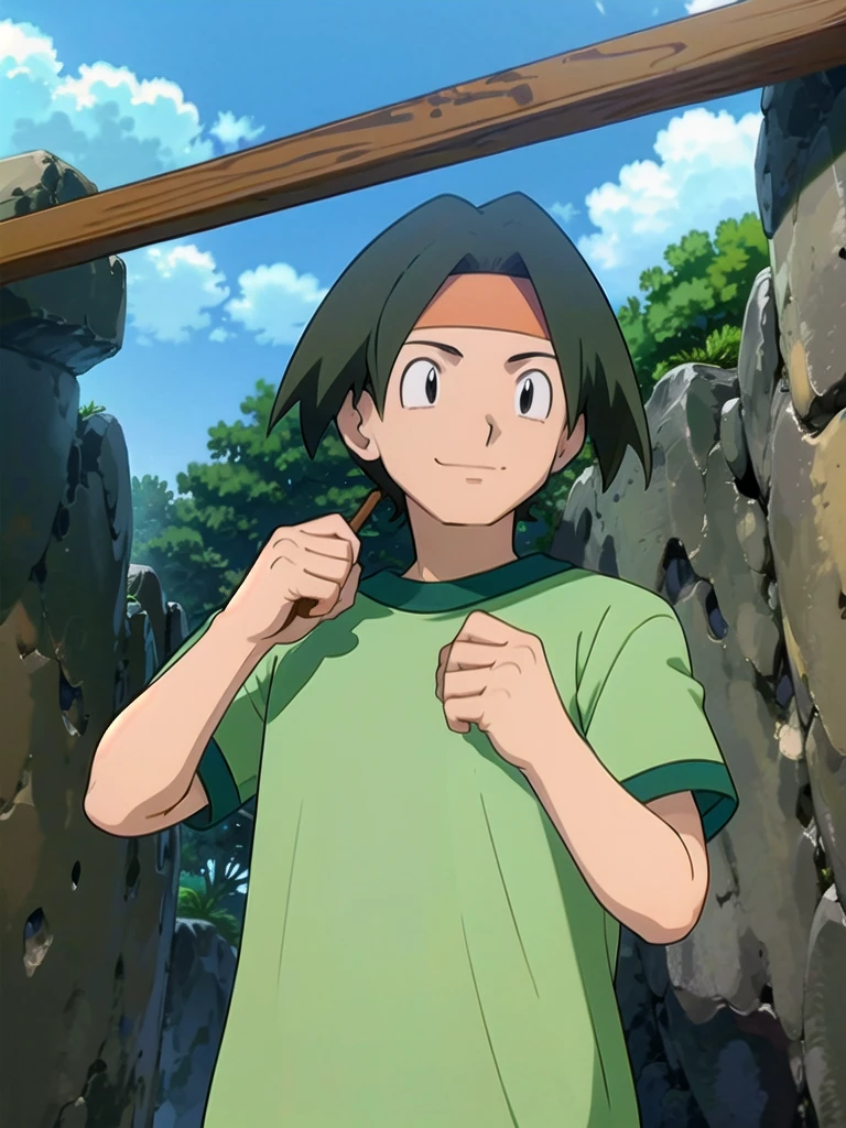 Tracey, solo, smile, shirt, 1boy, closed mouth, upper body, male focus, outdoors, sky, cloud, black eyes, green shirt, anime coloring