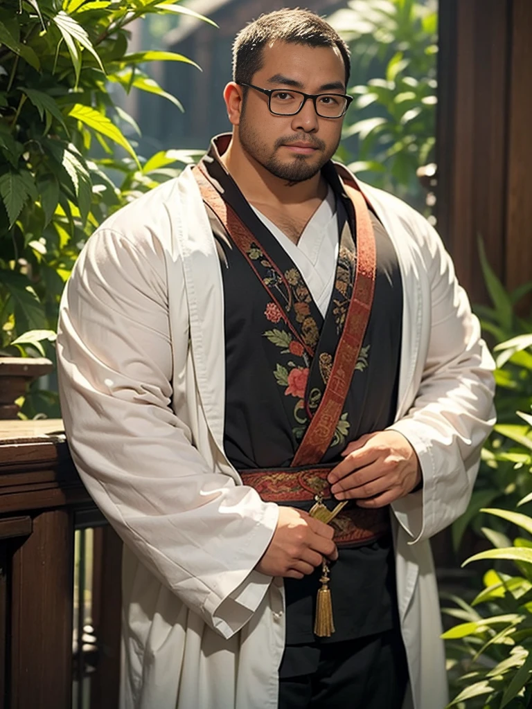 crew cut, (((full body))), (((landscape))), mature man, [slightly fat], asian man, rounded face, brown eyes, ((rounded face)), glasses, balding, 1boy, Solo, (big shoulders), (((stubbles, Short beard))), Araf man in white robe holding marijuana leaf, bian lian, Marijuana personification, inspired by Hu Zaobin, guanyu, hua cheng, Inspired by Cao Zhibai, inspired by Wu Daozi, Qigong, Detailed Bushido Foam Smoke, Inspired by Shen Quang, from three kingdoms, feng shu, Inspired by Ma Quan
