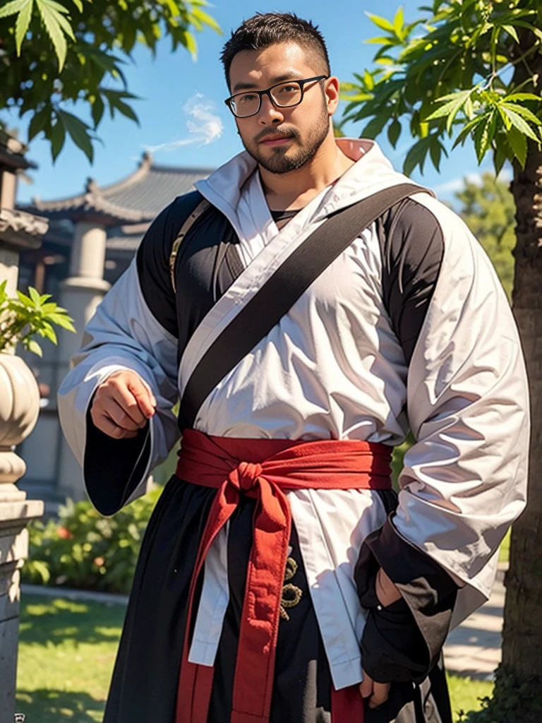 crew cut, (((full body))), (((landscape))), mature man, [slightly fat], asian man, rounded face, brown eyes, ((rounded face)), glasses, balding, 1boy, Solo, (big shoulders), (((stubbles, Short beard))), Araf man in white robe holding marijuana leaf, bian lian, Marijuana personification, inspired by Hu Zaobin, guanyu, hua cheng, Inspired by Cao Zhibai, inspired by Wu Daozi, Qigong, Detailed Bushido Foam Smoke, Inspired by Shen Quang, from three kingdoms, feng shu, Inspired by Ma Quan