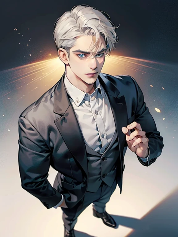masterpiece, best quality, realistic, 1man, mature male, quiet and charming young man, 41 year old, serious look, closed mouth, portrait, extremely detailed face, cold smile, ((dark grey blue eyes)), ((short-right-swept dark white hair)), [thick eyebrows], ((suit)), handsome, full body, western, Jewish, light brown skin,