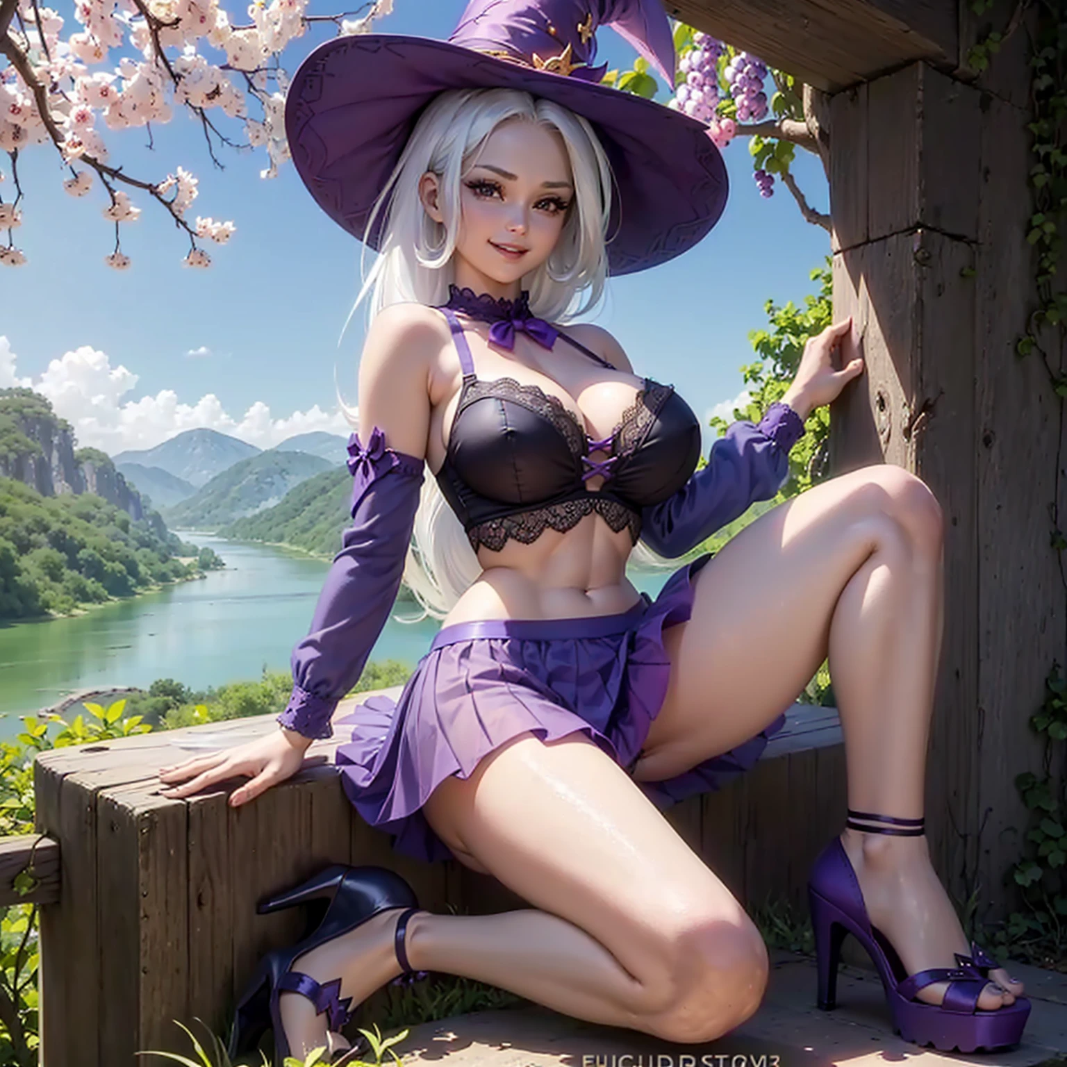 (((beautiful female body))),(((trixie as a sweet charming hot seductive horny model))), (((very long blue white hair))) ,(((sit on the fences leant to grape tree wide spread legs)))), (((outdoor))),(((cherry tree jungle with a river in background))),(((lewd and erotic posing))), (((happy wicked smile))) ,(((wear light blue purple sheer lace transparent see through very short bra))) , (((((upskirt view))))) , (((witch hat))),breasts are visible , (((wear high heels))) , (((full body))),golden bracelets , (((perfect big breasts))) , lush breasts , Bulky Breasts , voluminous breasts ,(((peeping the viewer))),(((bare belly))),(((side close upskirt view)))