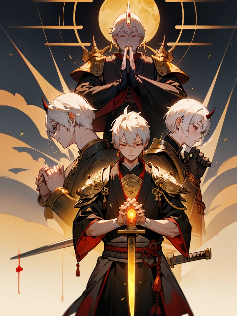 Buddha,Burning Eyes, horn, white short hair, black armor, tori ready, man, full moon, hands together in prayer, Zen meditation golden lion Chi Japanese sword cyborg 鬼