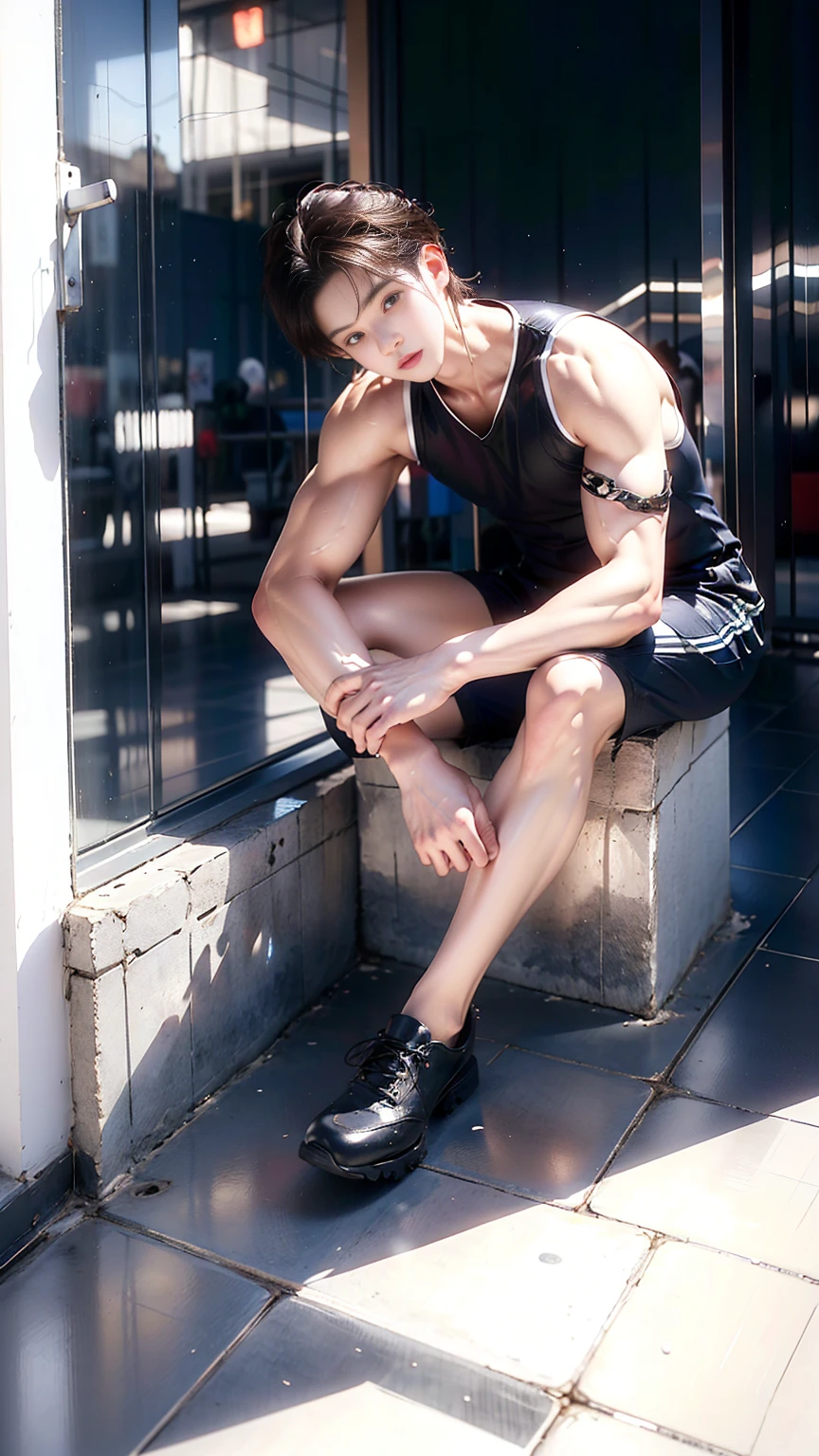 masterpiece,best quality,Look up at the characters,Stay away from the camera, (An 18-year-old boy with extraordinary development:1.2), (A tall and muscular giant body),(Kneeling upright on the campus lawn),Black and white tight-fitting cycling suit,(Broad and straight shoulders),Muscular shoulders,(Extremely strong body),Muscular body,Fitness,Perfect body proportions,Inverted triangle figure,Biceps,Highlight muscle texture, Muscular body,Slender and toned legs,Small head,small face,Handsome and cute face,Perfectly detailed facial features,Looking at the camera,A serious and angry expression,leaning back,head tilt, happy, very short hair, brown hair,(looking at viewer:1.2),Vision